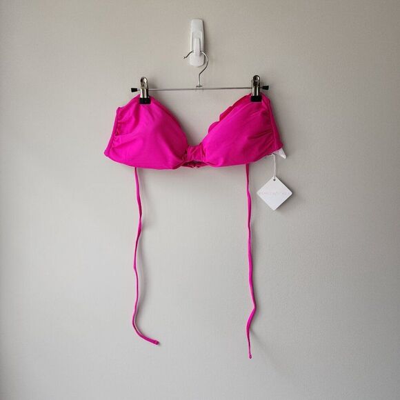 Vanilla Beach Scalloped Bikini Swim Top | Hot Pink Halter Tie Neck Ruched NWT - Picture 1 of 9